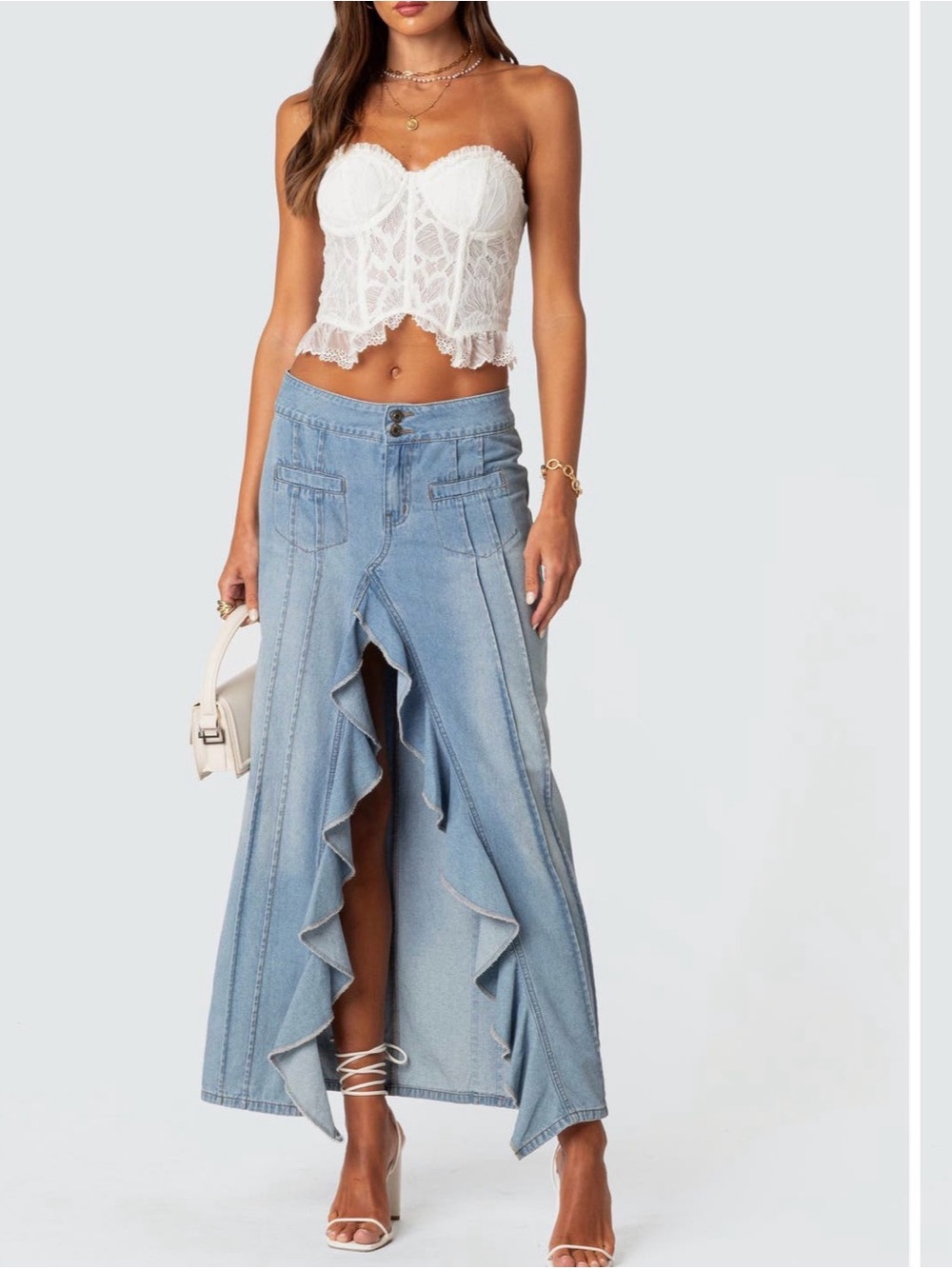 EDIKTED Valencia Ruffle Slit Front Denim Maxi Skirt XS
